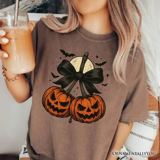 Pumpkin Cherries Coquette Bow T-Shirt, Retro Halloween Fall Season Tee for Sweet Autumn Girls {2}