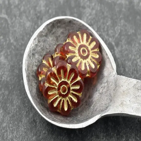 *6* 18mm Gold Wash Ruby Red Daisy Flower Beads {3}