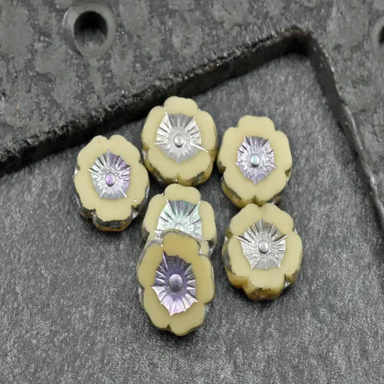 *12* 12mm Antique Silver AB Washed Opaque Ivory Table Cut Hawaiian Flower Beads {3}