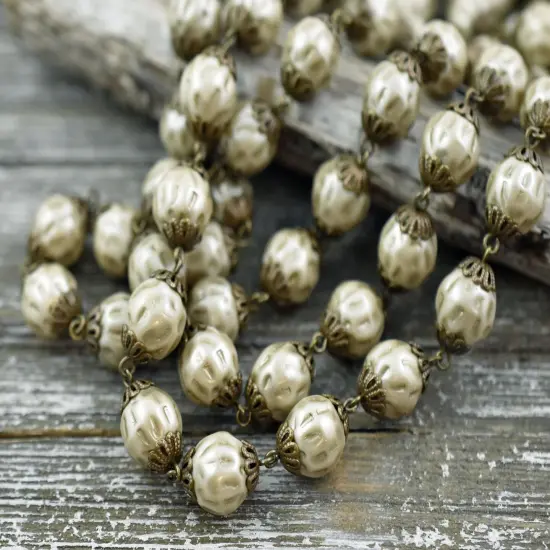 10mm Czech Glass Satin Taupe Baroque Pearl Chain with Antique Bronze Caps -- Sold by the foot {6}