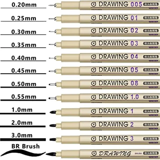 Fineliner Drawing Art Pens: 12 Black Fine Line Waterproof Ink Set Artist Supplies Archival Inking Markers Liner Professional Sketch Outline Crafts Anime Sketching Watercolor Zentangle Kit Stuff {1}