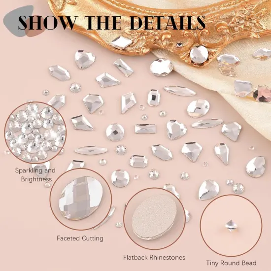 2630 Pieces Clear Glass Nail Rhinestones 120 Pieces Multi Shapes Flatback Gems Crystal + 2510Pcs 1.5-4mm Round Beads with Rhinestones Glue Gel, Manicure Diomand Jewelry Gemstones for Nail Design Makeup {1}