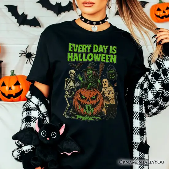 Every Day Is Halloween T-Shirt, Vintage Pumpkin Witch Spooky Tee for Eternal Spook Enthusiasts {6}