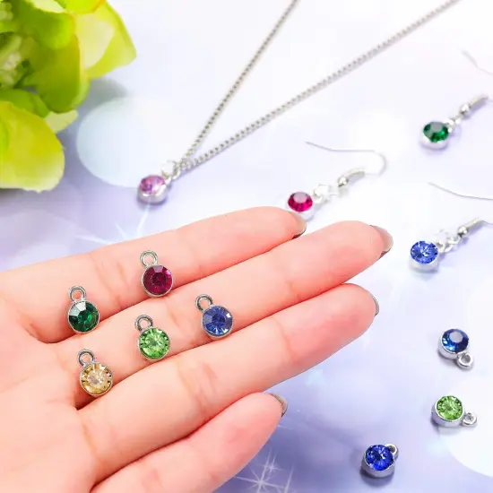 108 Pieces Crystal Birthstone Charms DIY Jewelry Necklace Bracelet Beads Pendant with Rings Mixed Handmade Round Crystal Charm for Earring Making Supplies, 7 mm, 12 Colors (Light) {1}