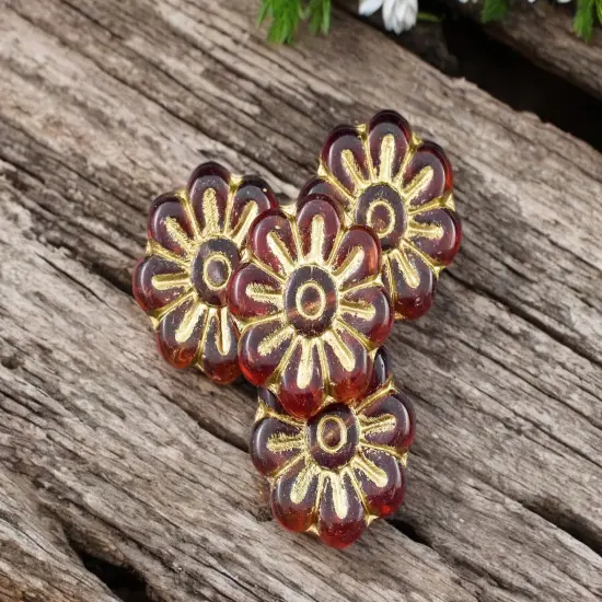 *6* 18mm Gold Wash Ruby Red Daisy Flower Beads {1}