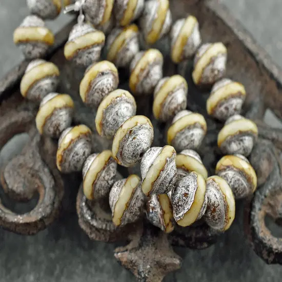 *15* 8x10mm Silver Picasso Washed Opaque Beige Saturn Beads {3}