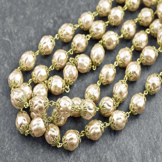 10mm Czech Glass Lt Coffee Baroque Pearl Chain w/Gold Caps -- Sold by the foot {4}