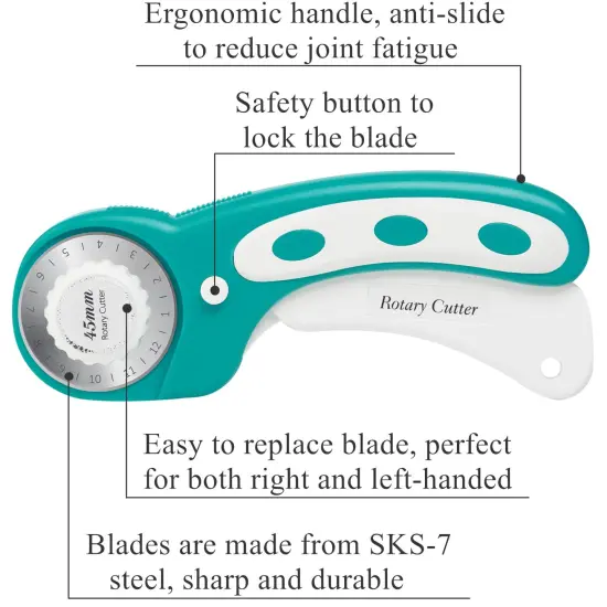 45mm Rotary Cutter with 5pcs Extra Blades, Ergonomic Handle Rolling Cutter with Safety Lock for Fabric, Leather, Crafting, Sewing, Quilting, Fabric Rotary Cutter Perfect for Left & Right Hand (Green) {6}