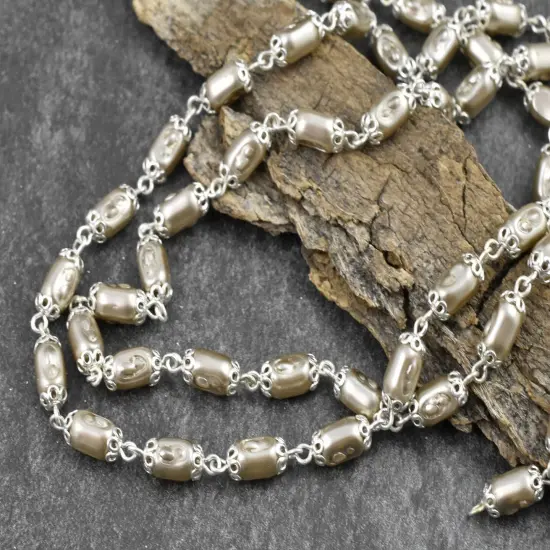 10x5mm Czech Glass Satin Taupe Pearl Chain w/ Bright Silver -- Sold by the foot {5}