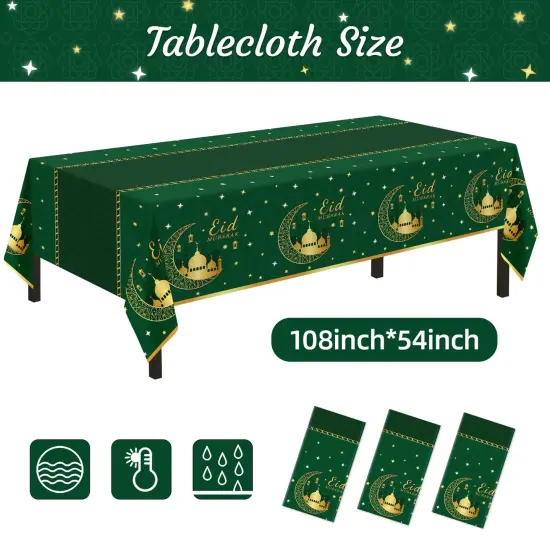3 Pack Ramadan Mubarak Tablecloths for Eid Mubarak Decorations, 54" x 108" Plastic Disposable Happiness Ramadan Eid Al-fitr Party Table Covers for Rectangle Tables Ramadan Party Favors(Green) {1}