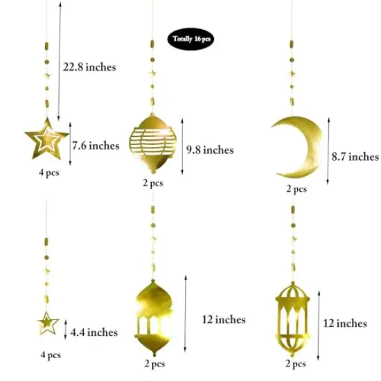 16 Pieces Islamic Gold Star Crescent Moon Lantern Ramadan Garland EID Decoration Home Happy Ramadan Mubarak Party Decor Hanging Streamer Wedding Backdrop Banner Aladdin Birthday Party Supplies {1}