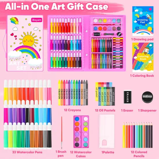 149 Pieces Drawing Kit Painting Art Set Art Kits Gifts Box, Arts and Crafts for Kids Girls Boys, with Coloring Book, Crayons, Pastels, Pencils, Watercolor Pens (Pink) {1}