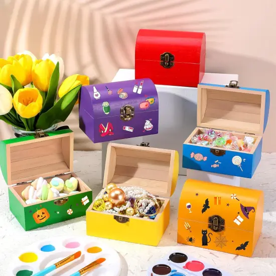 12 Pcs Unfinished Wooden Treasure Chest Boxes 4.7 x 3.5 x 3.1 Inch Mini Small DIY Treasure Chests Craft Bulk with Hinged Lid to Paint Party Gifts Prizes(Colorful) {3}