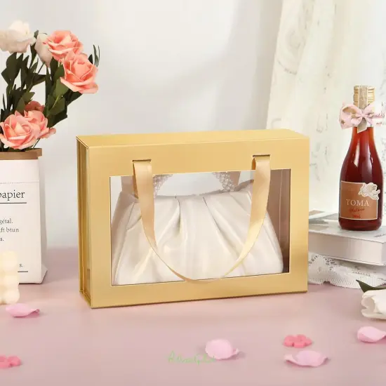 Clear Gift Box with Handle, Bridesmaid Proposal Box, Magnetic Gift Box with Window for Present (Glossy Gold) {3}