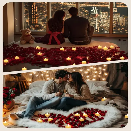 1000 Pieces Artificial Rose Petals with 12 Heart LED Tea Lights Candles Kit, Rose Petals and Candles Set {4}