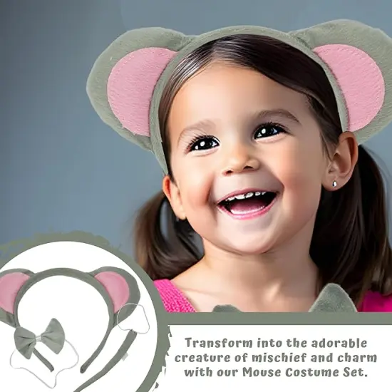 4E's Novelty Mouse Costume Set 3 Pcs for Kids & Adults - Mouse Ears Headband, Bowtie & Tail Cosplay Kit - Halloween, Party, Dress Up Accessories for Girls, Boys, Men, Women, Pets {2}