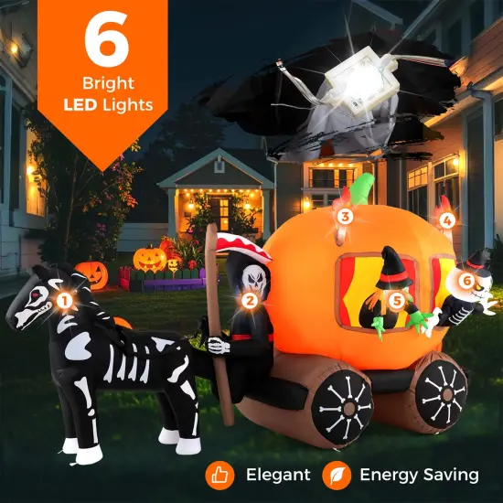 Costway 10.2 ft Long Halloween Inflatable Carriage LED Lighted Carriage w/ Pumpkin 2 Ghosts Witch & Skull Horse {4}