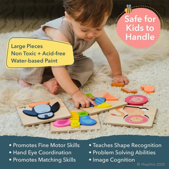 Magifire Wooden Puzzles, Set of 4 Montessori Style Toys for 1 Year Old, Toys for Toddlers 1-3, Baby Wood Toys with Chunky Pieces with Bag - Butterfly, Lion, Fish, Penguin, 6x6 inches {4}