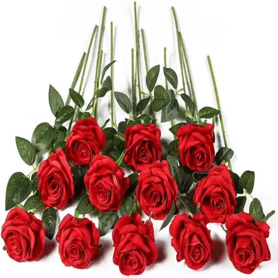 12 Pcs Red Roses Artificial Flowers Bouquet with Stems (Red) {1}