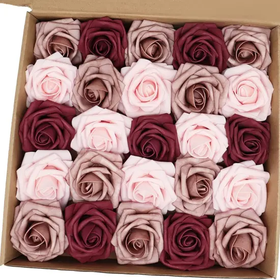 Artificial Flowers 25PCS Real Looking Blush & Dusty Rose & Burgundy Fake Roses {5}