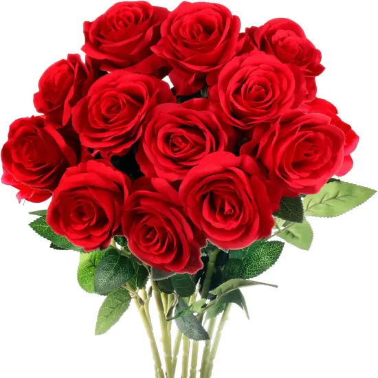 12PCS Red Roses Artificial Flowers, Fake Roses with Long Stems Realistic Silk Rose Bouquets Wedding Centerpiece Decorations {1}
