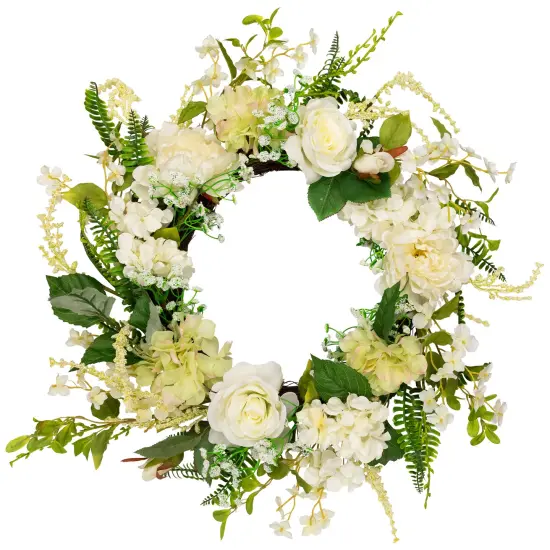 Northlight Peony and Rose Artificial Spring Wreath - White and Green - 24" {3}