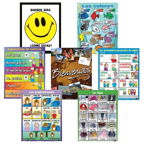 Poster Pals Spanish Educational & Language Teaching basic Posters, large colorful charts, classroom reference and instruction, 7 pack {1}