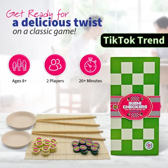 Project Genius: Sushi Checkers - Game & Sushi Making Set, Folding Bamboo Game Board, 24 Checkers & Chopsticks Set, Adults & Kids Ages 8+, 2 Players {3}