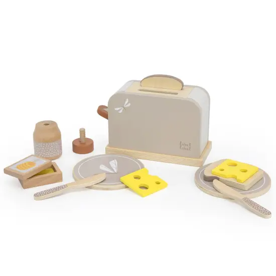 Label Label: Wooden Toaster Play Set - Tan - Kitchen Appliance Toy, 10 Cooking & Food Accessories, Pop-Up Feature, Dragonfly Design, Kids Ages 3+ {3}