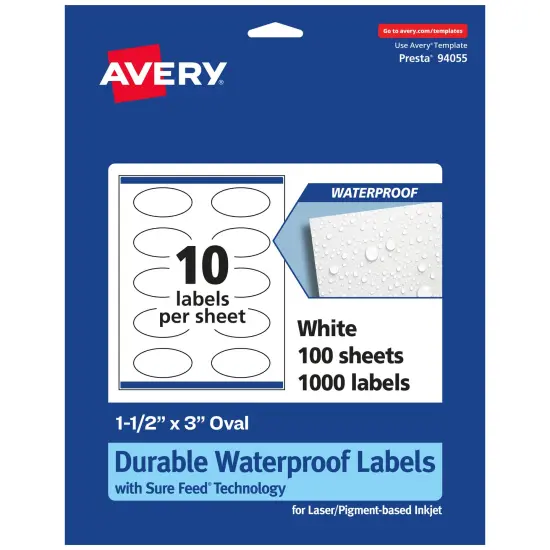 Avery Durable Waterproof Oval Labels with Sure Feed, 1.5" x 3" {1}