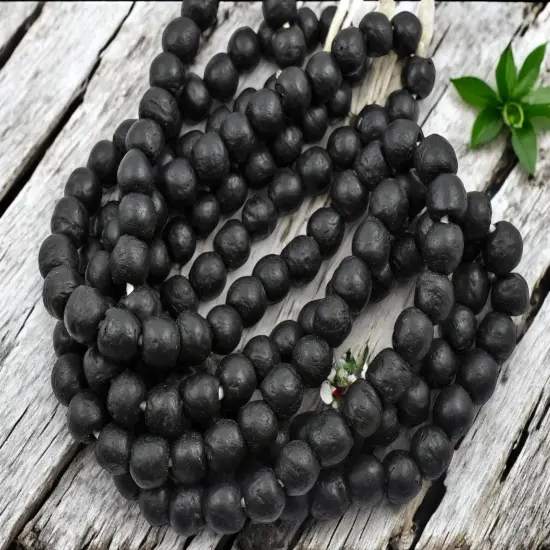 10-11mm Jet Black African Recycled Glass Beads (20" Strand) {2}