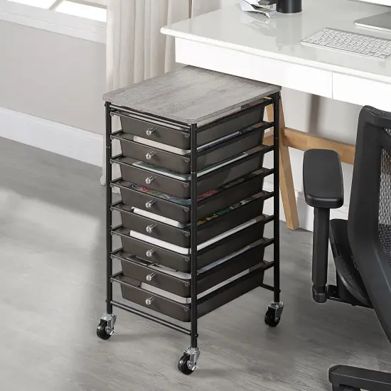 Wooden Top Compact Rolling Storage 8 Drawers Organizer Mobile Utility Cart Black {2}
