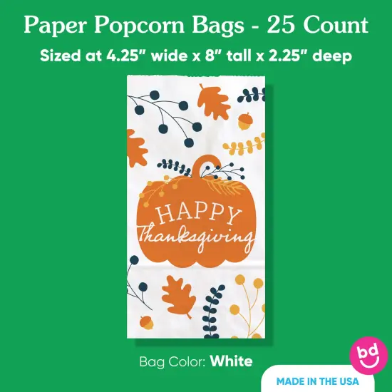 Big Dot of Happiness Happy Thanksgiving Popcorn Bags, Fall Harvest Party Favor Snack Treats, Free-Standing Individual White Paper Bags - 25 Count {5}