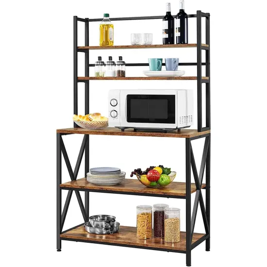 Wood Metal 5-Tier Adjustable Baker&rsquo;s Rack for Kitchen and Living Room Storage Brown {7}
