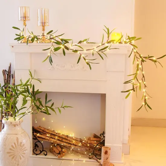 Lighted Artificial Olive Garland, 6FT LED Faux Greenery Vine Garland Lights Battery Operated {3}