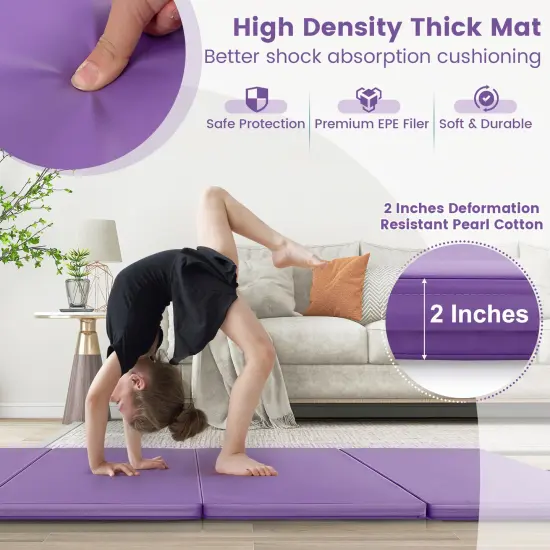 4-Panel PU Leather Folding Exercise Mat with Carrying Handles and Hook and Loop Fasteners Purple {5}