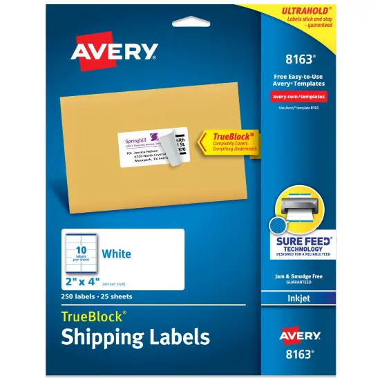 Avery Printable Shipping Labels with Sure Feed, 2" x 4" Customizable Stickers, White, 250 Blank Mailing Labels, Great for Mailing, Shipping, and More (8163) {1}