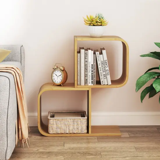 2-Tier S-Shaped Wicker Bookcase with 2 Open Cubes Perfect Addition for Living Room {3}