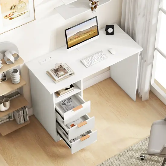 White Home Office Desk with Power Outlet 3 Storage Drawers and Open Compartment {6}