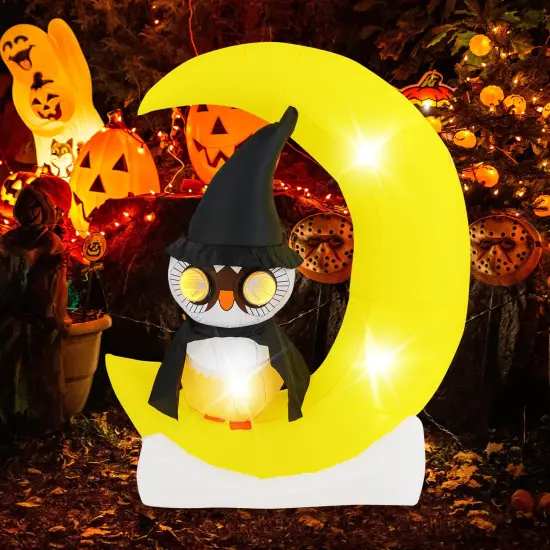 Inflatable Owl on Moon LED Lighted Halloween Decoration with Large Moon and Wizard Owl {3}