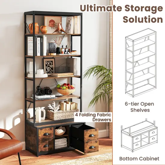 Rustic Brown 8-tier Bookshelf with 4 Fabric Drawers and Heavy-Duty Metal Frame {6}