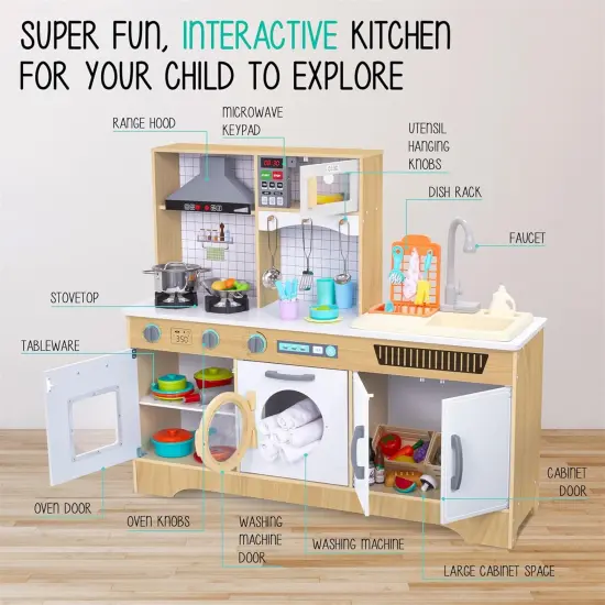 Lil' Jumbl Wooden Pretend Play Kitchen Set for Kids with Washer, Dryer, Sink, and Interactive Features Natural {2}