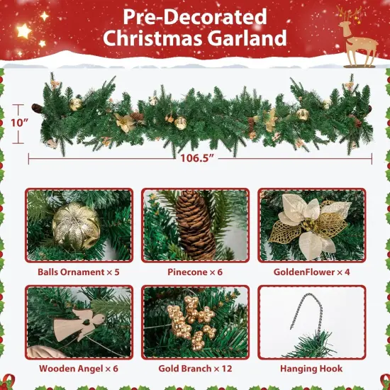 106 Inch - Pre-Lit Christmas Garland with Lights and Timer(Gold) {2}