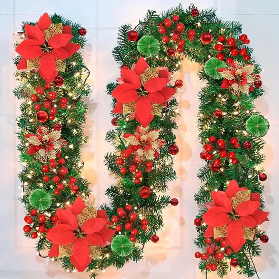 9FT Christmas Garland with Lights - Pre-Lit Artificial Green Christmas Garland {1}