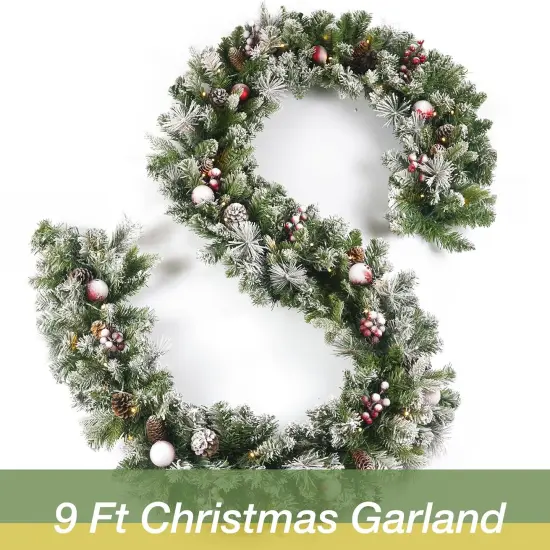 Christmas Garland Flocked 9ft with 50 Lights, Christmas Decor with Pine Cone Red Balls {5}