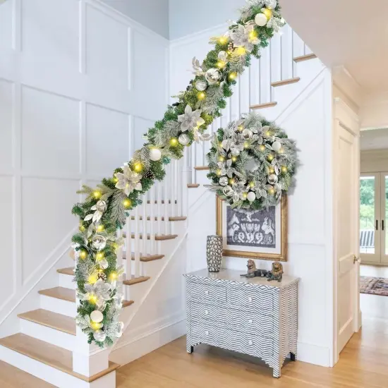 Silver White Christmas Ball Ornaments and Poinsettia FlowersDecorated Garland {5}