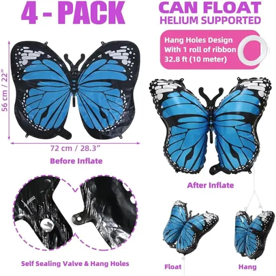 Blue Lovely 28 Inches Party Butterfly Balloon Kit, 4 Piece Aluminum Foil Mylar Helium Butterfly Balloons for Butterfly Themed Party, Wedding, Birthday, Baby Shower, Party Decoration Supplies {5}