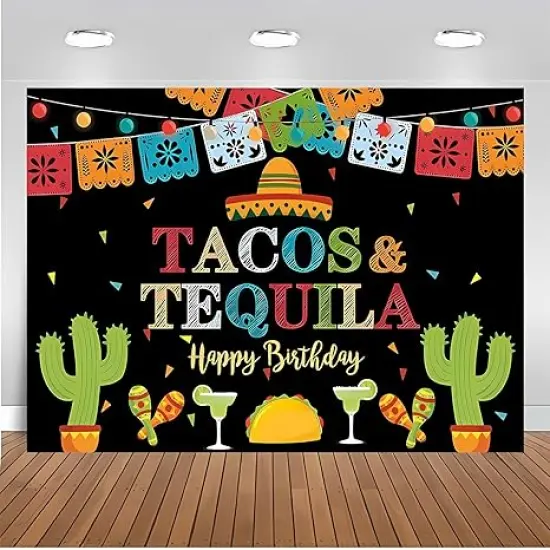 Fiesta Backdrop Happy Birthday Tacos and Tequila Colorful Lights Background Drop Cinco De Mayo Backdrop for Pictures Birthday Party Mexican Decorations Banner Photo Booth Props 7x5ft {2}