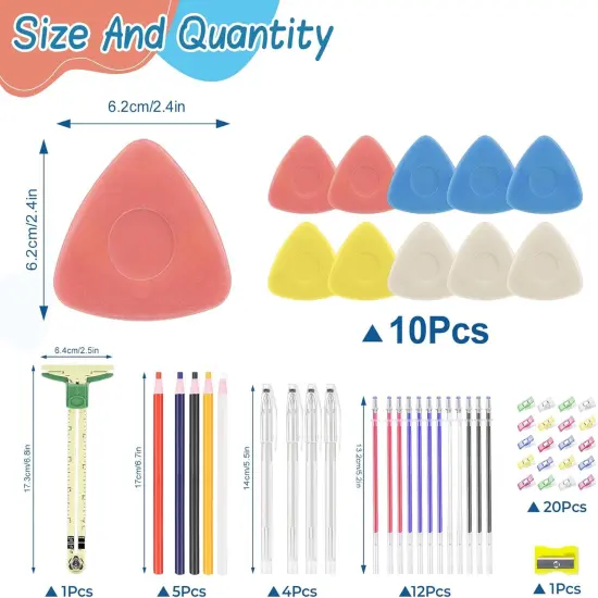49Pcs Tailor&rsquo;s Chalk Kit &ndash; 10 Chalks, Markers, Erasable Pens, Clips & Gauge Ruler {2}