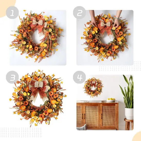 22 Inch Artificial Fall Autumn Daisy Wreath with Bowknot {4}